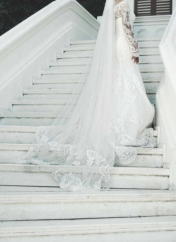 Uzun Kollu Beyaz Balık Gelinlik - Görsel 5