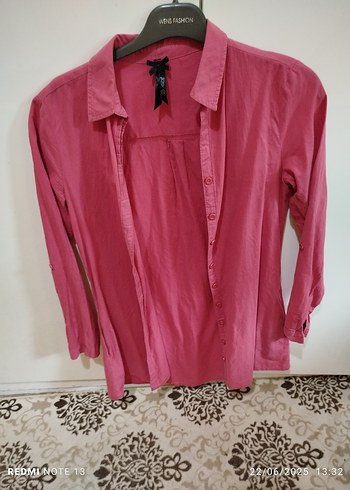 Düğmeli Pembe Keten Bohem Kadın Gömlek