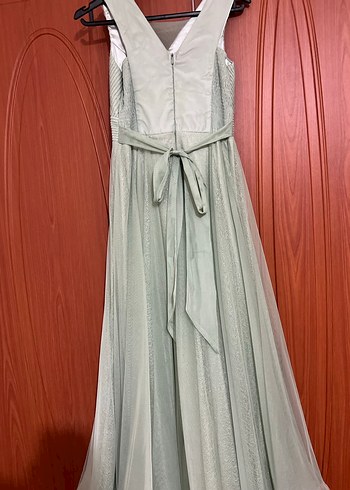 Gri Pilili V Yaka Uzun Abiye Elbise - Görsel 6