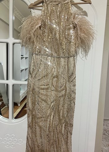 Krem rengi uzun şık abiye - Görsel 4