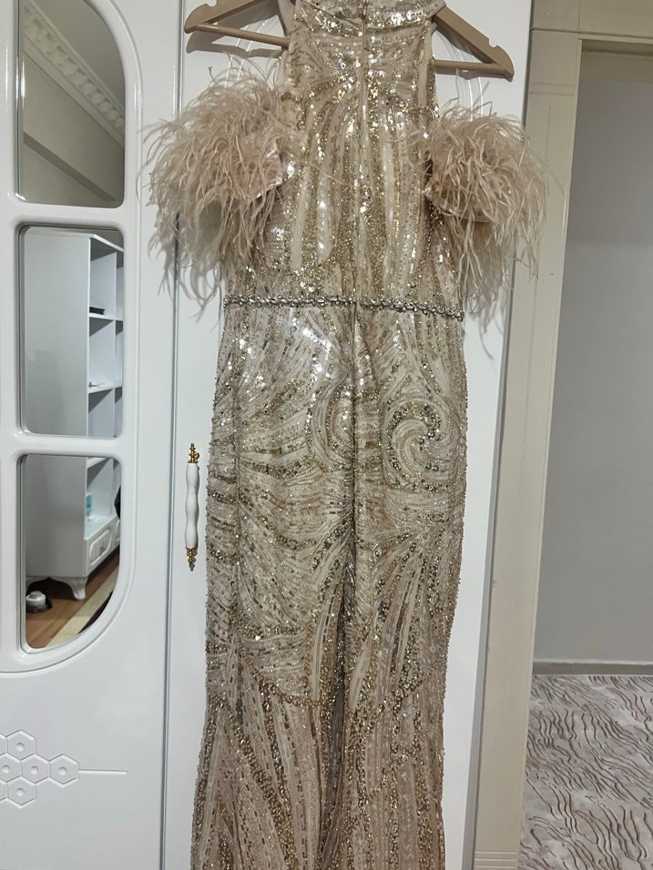 Krem rengi uzun şık abiye - Görsel 5