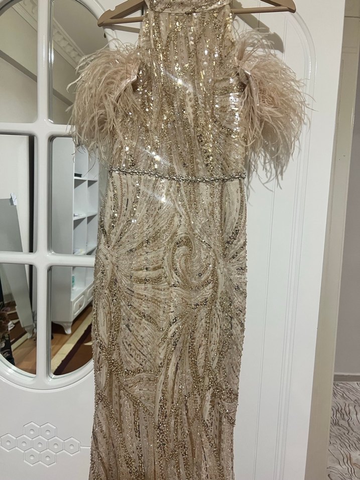 Krem rengi uzun şık abiye - Görsel 4