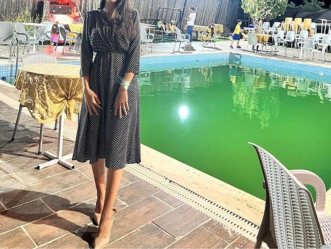 Şifon midi boy ges kol puantiyeli rahat elbise - Görsel 8