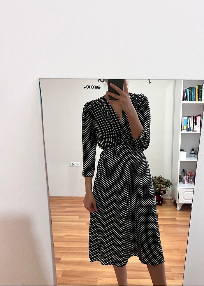 Şifon midi boy ges kol puantiyeli rahat elbise - Görsel 3