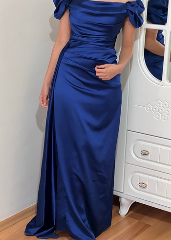 Drapeli Lacivert Kadın Uzun Abiye Elbise - Görsel 3