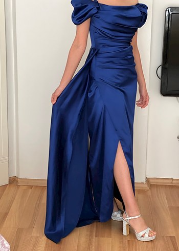 Drapeli Lacivert Kadın Uzun Abiye Elbise - Görsel 7