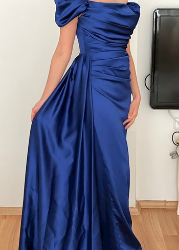 Drapeli Lacivert Kadın Uzun Abiye Elbise - Görsel 5