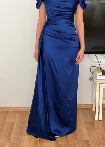 Drapeli Lacivert Kadın Uzun Abiye Elbise - Görsel 6