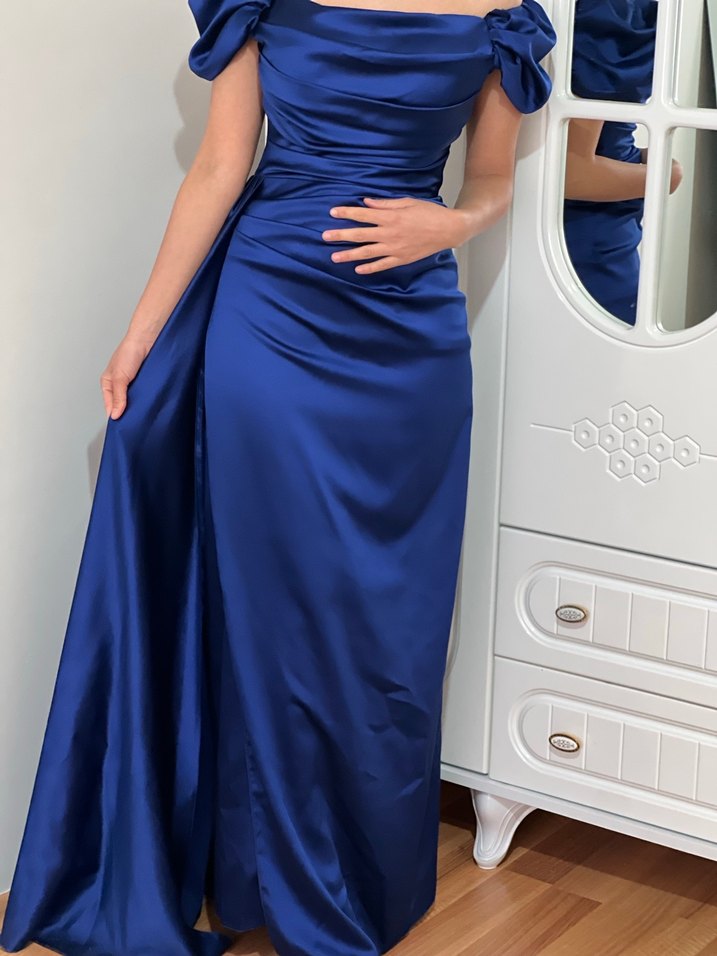 Drapeli Lacivert Kadın Uzun Abiye Elbise - Görsel 4