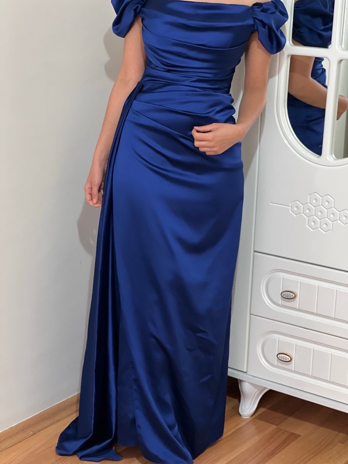 Drapeli Lacivert Kadın Uzun Abiye Elbise - Görsel 3