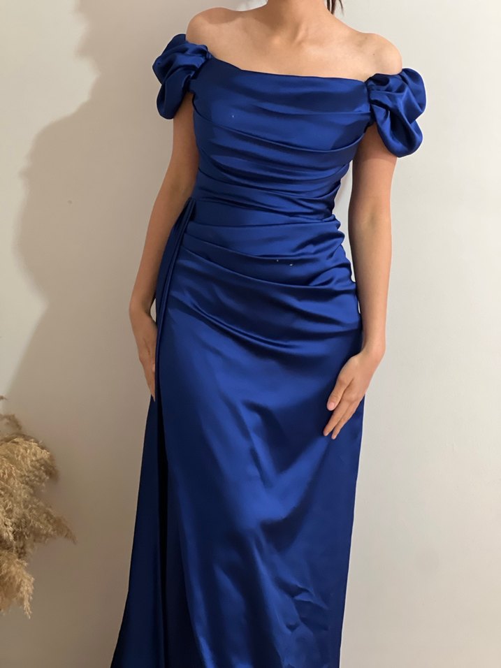 Drapeli Lacivert Kadın Uzun Abiye Elbise - Görsel 2