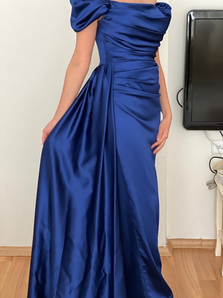 Drapeli Lacivert Kadın Uzun Abiye Elbise - Görsel 5