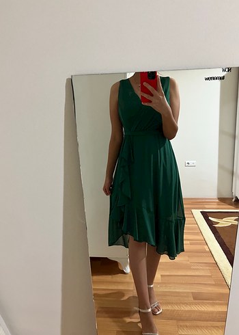 Yeşil V Yakalı Midi Abiye Elbise - Görsel 3