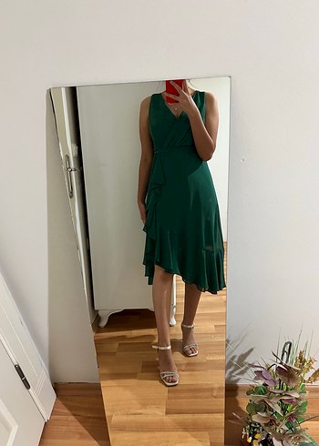 Yeşil V Yakalı Midi Abiye Elbise - Görsel 2