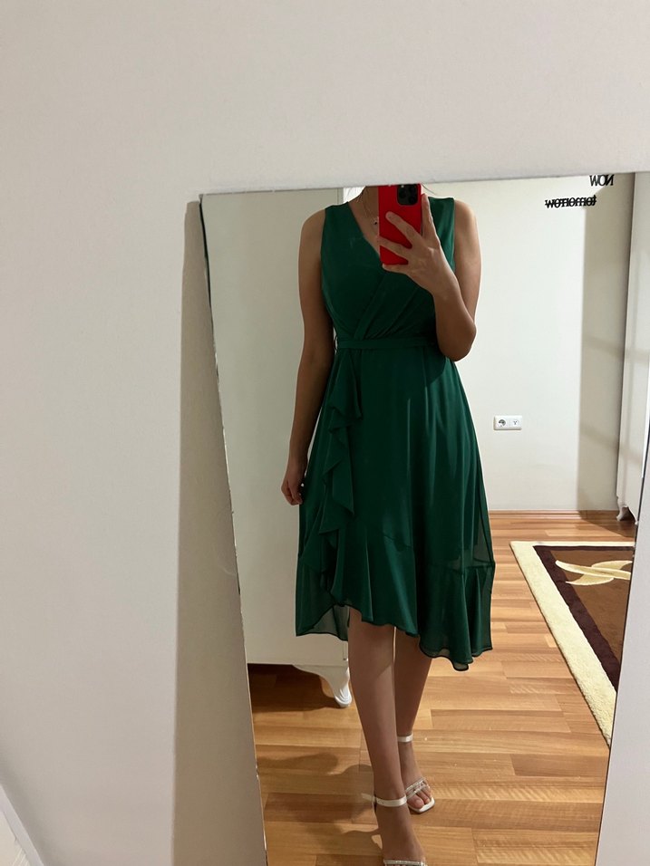 Yeşil V Yakalı Midi Abiye Elbise - Görsel 3