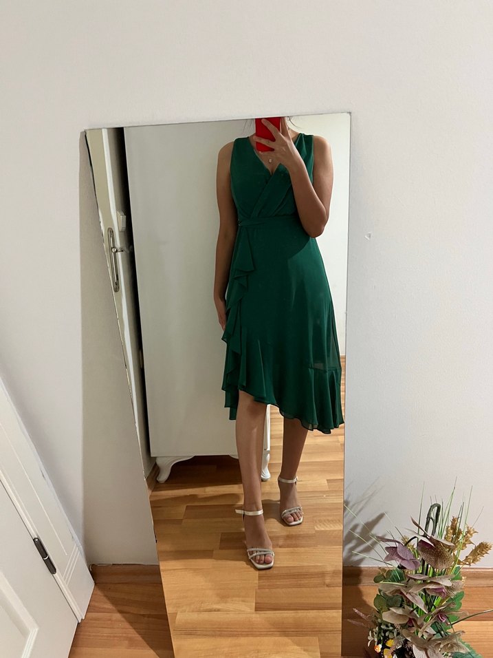 Yeşil V Yakalı Midi Abiye Elbise - Görsel 2