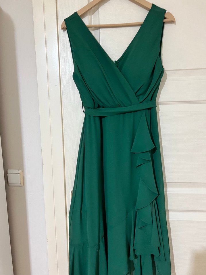 Yeşil V Yakalı Midi Abiye Elbise - Görsel 4