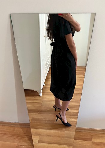 Siyah V Yaka Drapeli Midi Elbise - Görsel 3