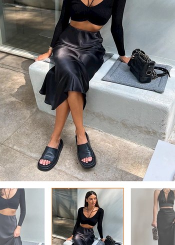 Siyah Midi Saten Kadın Etek - Görsel 3