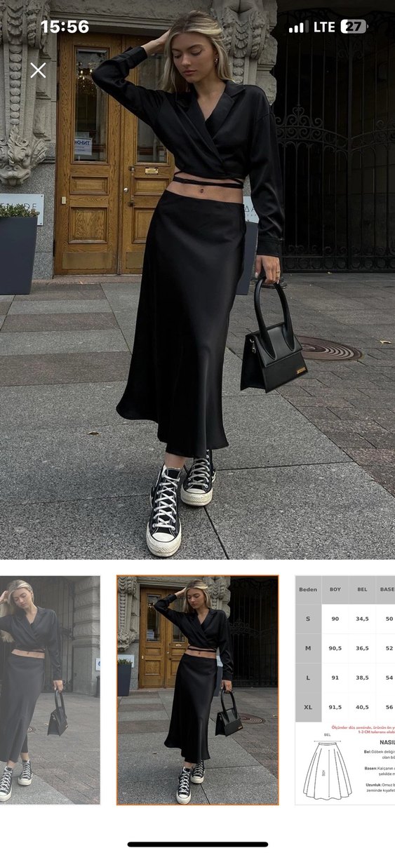 Siyah Midi Saten Kadın Etek - Görsel 2