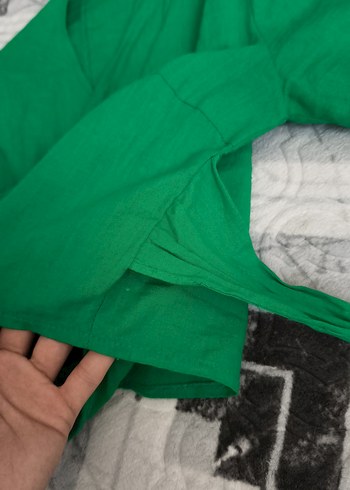 Yeşil Kısa Kollu Keten Bluz - Görsel 8