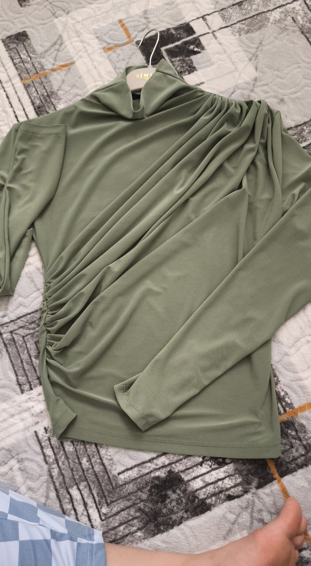 Drapeli Uzun Kollu Yüksek Yaka Kadın Bluz - Görsel 3