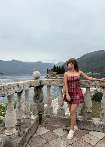 s Beden Bordo Ekose Straplez Mini Elbise