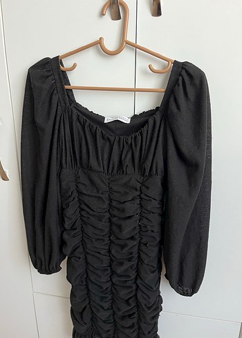 Siyah Mini Keten Fırfırlı Elbise - Görsel 2