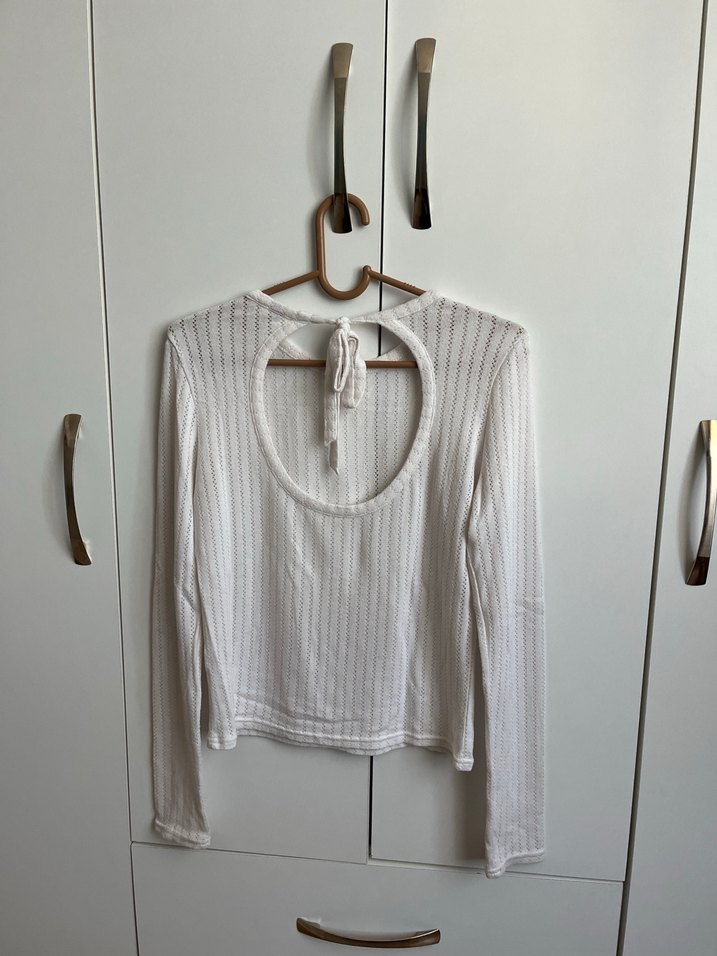 Kadın Beyaz Triko Uzun Kollu Bisiklet Yaka Kazak - Görsel 2