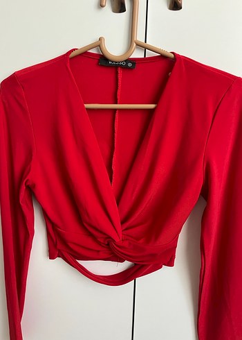 Uzun Kollu Drapeli Kırmızı V-Yaka Kadın Bluz - Görsel 2
