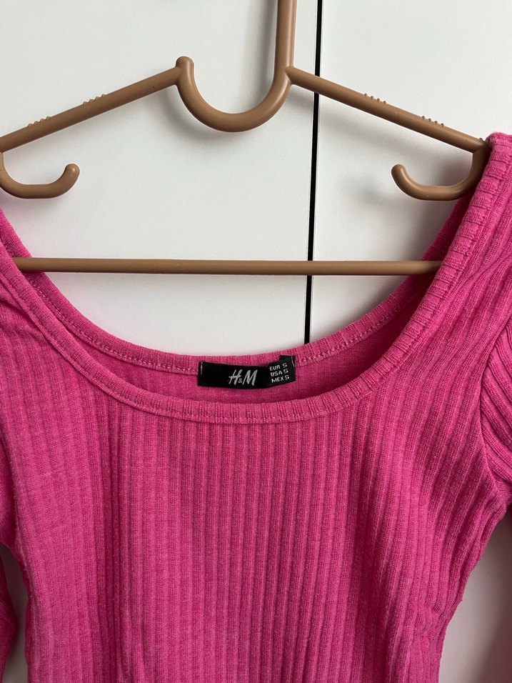 Pembe Kadın Triko Bluz, Uzun Kollu, Tek Renk - Görsel 2