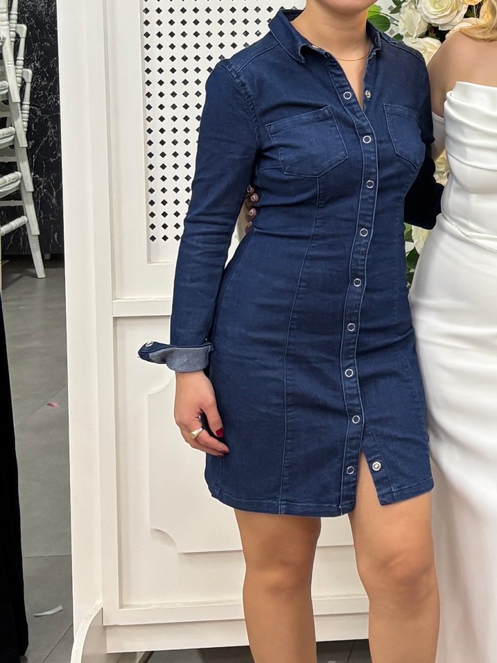Düğmeli Koyu Mavi Kadın Denim Midi Ceket - Görsel 3