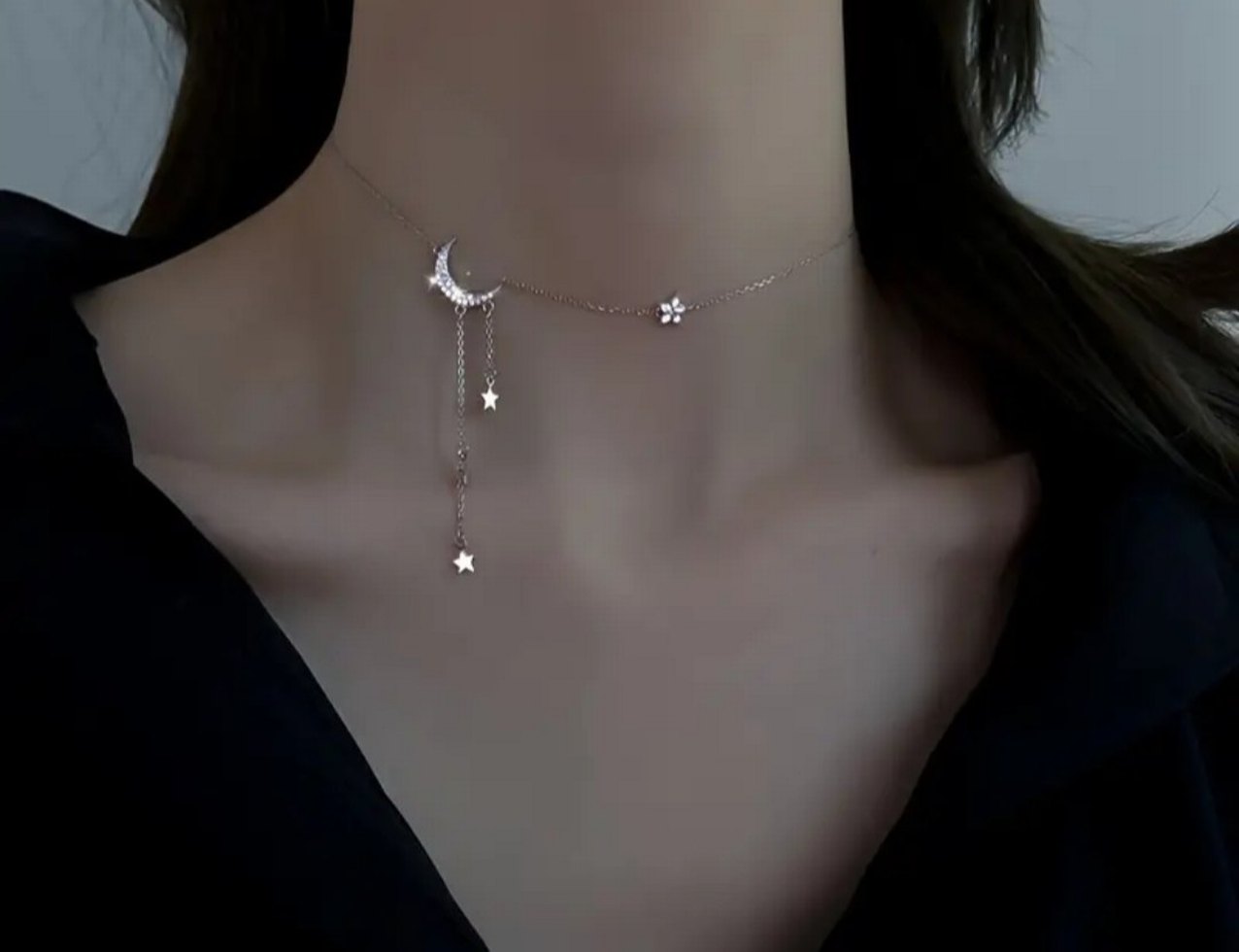 Bohem Zincir Detaylı Gri Ay ve Yıldız Kolye - Görsel 2