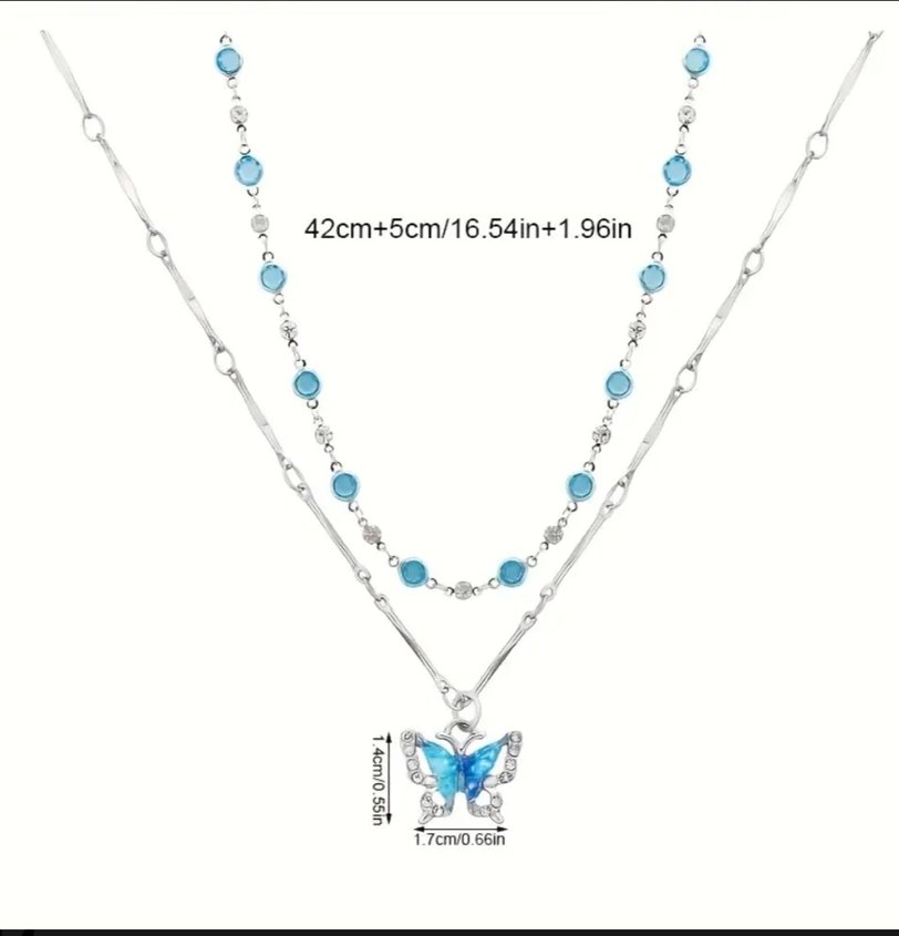 Mavi İşlemeli Pul Detaylı Midi Kolye - Görsel 2