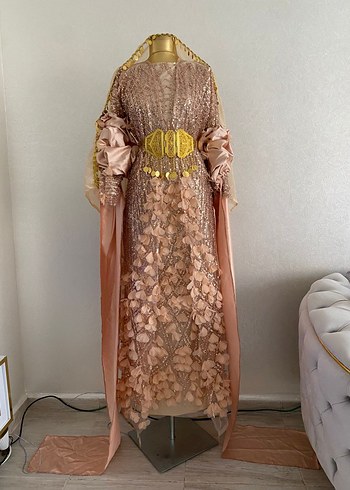 Drapeli Uzun Gold İşlemeli Kadın Kına Elbisesi