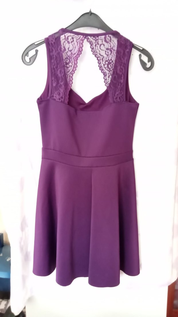 Dantel Detaylı Mor V Yaka Midi Elbise - Görsel 3