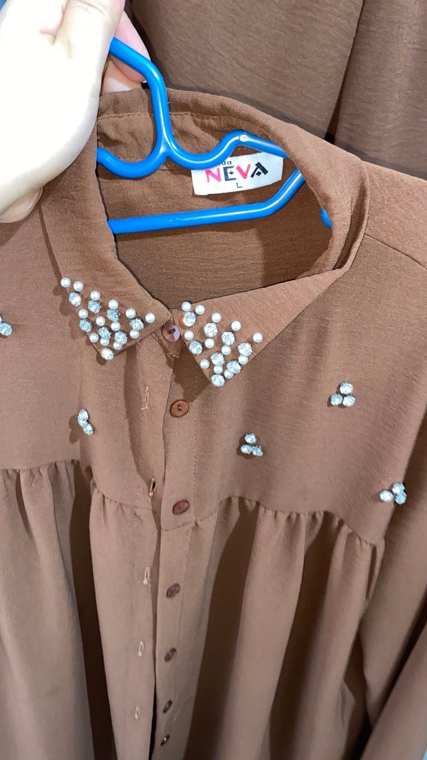 Camel kahve Uzun Kollu Düğmeli Kadın Tunik - Görsel 5