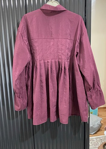 Bordo Düğmeli Uzun Kollu parlak kumaş Keten Gömlek - Görsel 3