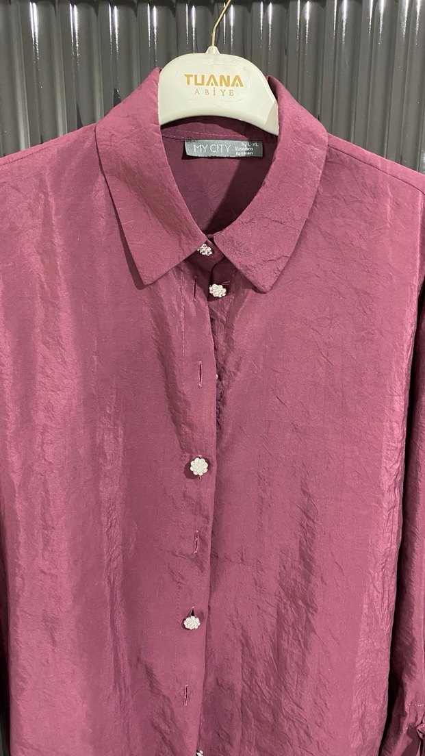 Bordo Düğmeli Uzun Kollu parlak kumaş Keten Gömlek - Görsel 2