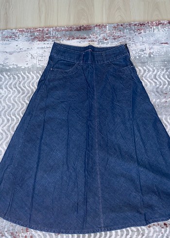 Kadın Mavi Denim Midi Pilili Uzun Etek