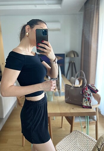 xs Beden Zara Carmen Yaka Siyah Crop