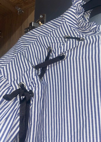 Mavi Çizgili Düğmeli Kadın gömlek sıfır - Görsel 3