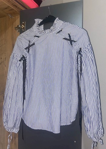 Mavi Çizgili Düğmeli Kadın gömlek sıfır - Görsel 2