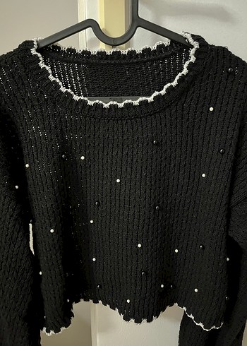 Siyah Örgü Kadın Kazak İnci Detaylı - Görsel 3