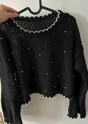 Siyah Örgü Kadın Kazak İnci Detaylı - Görsel 4