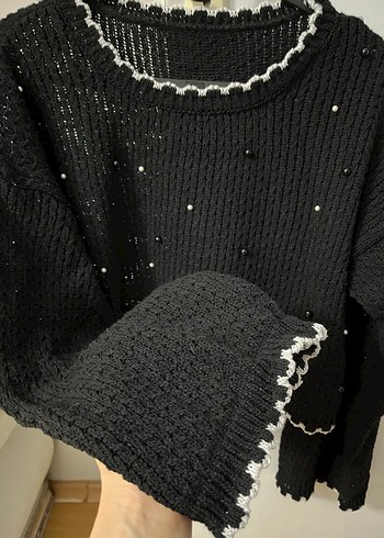 Siyah Örgü Kadın Kazak İnci Detaylı - Görsel 2