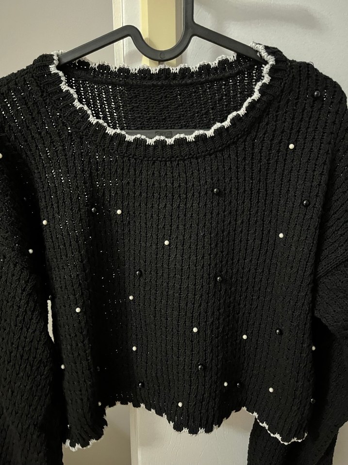 Siyah Örgü Kadın Kazak İnci Detaylı - Görsel 3