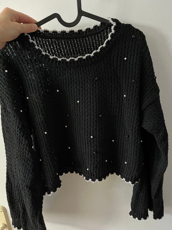 Siyah Örgü Kadın Kazak İnci Detaylı - Görsel 4