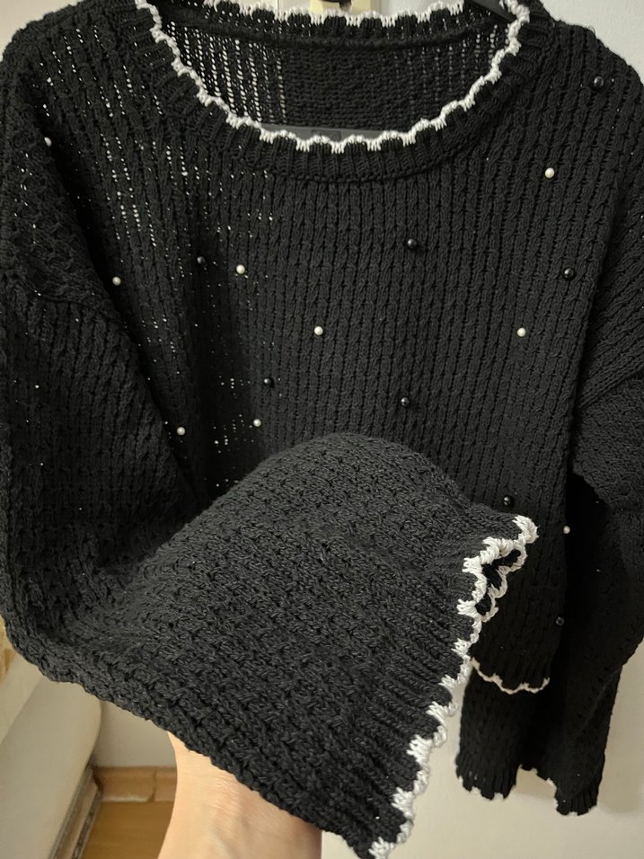 Siyah Örgü Kadın Kazak İnci Detaylı - Görsel 2