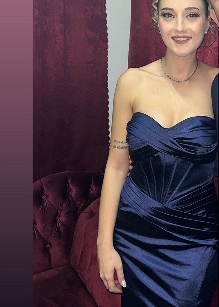 Saten lacivert elbise - Görsel 3